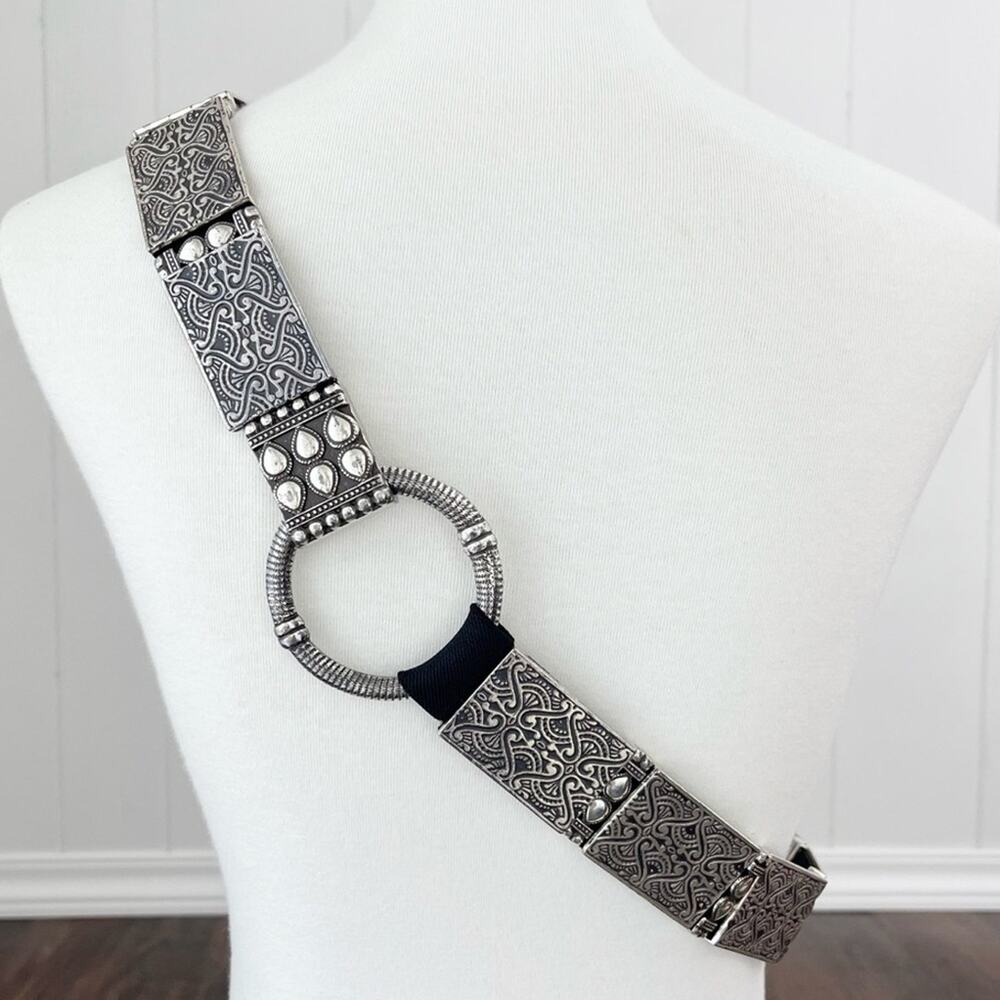 Boho Stretch Belt Hip Slung Embossed Metal Beads Artsy Bohemian Size L/XL Silver